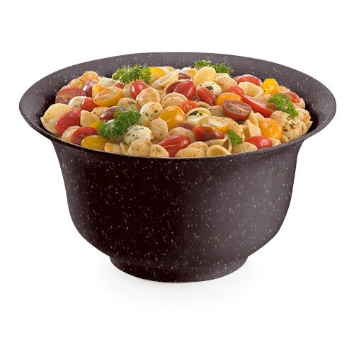 A black Tablecraft cast aluminum tulip bowl filled with pasta and vegetables.