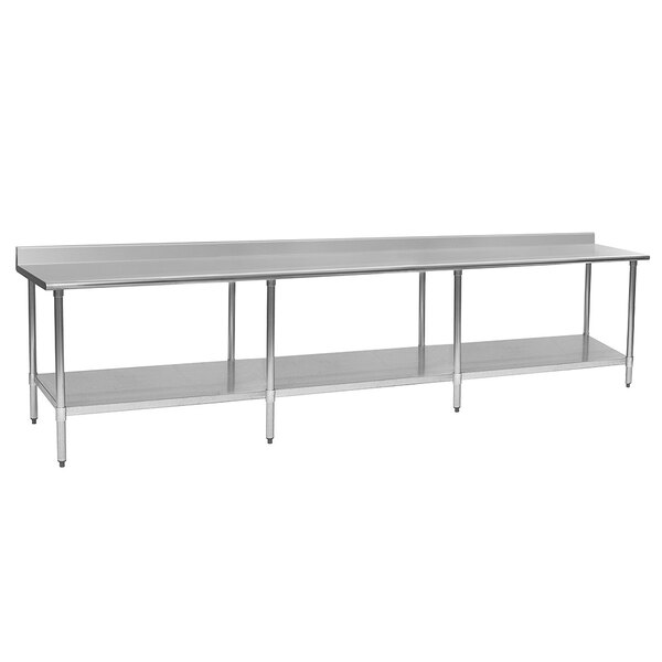 A long stainless steel Eagle Group work table with an undershelf.