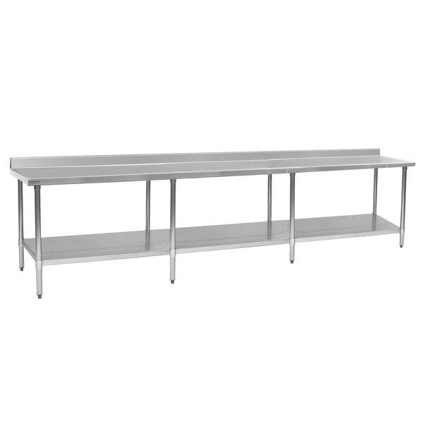 A long stainless steel Eagle Group work table with an undershelf.