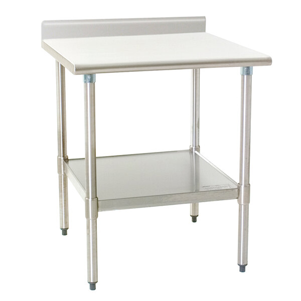 A white Eagle Group stainless steel work table with a galvanized undershelf.