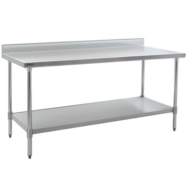 A close-up of a Eagle Group stainless steel work table with a galvanized undershelf.