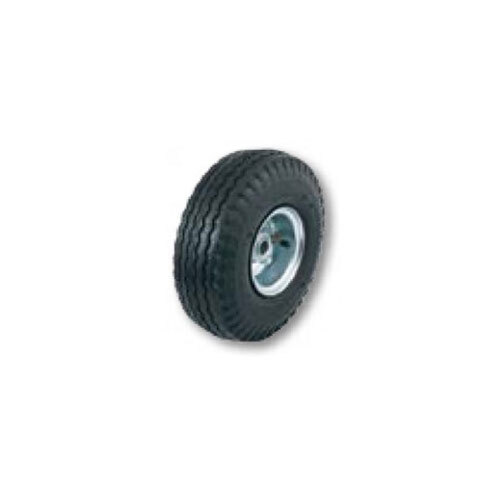 A close-up of the pneumatic wheel on a Harper aluminum hand truck.