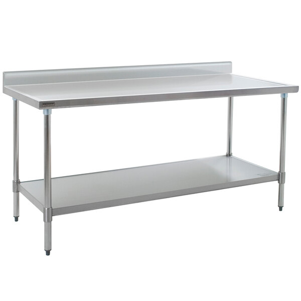 A close-up of an Eagle Group stainless steel work table with an undershelf.