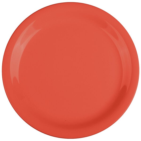 A close-up of a red GET Diamond Mardi Gras melamine plate.