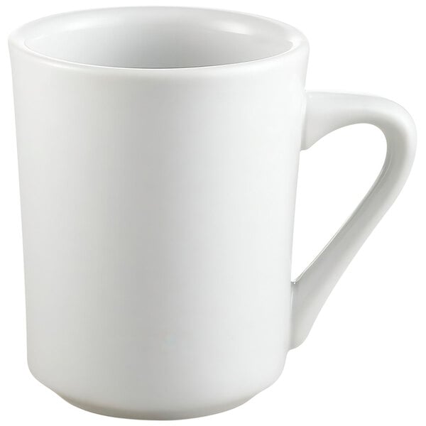 A close-up of a CAC bright white porcelain mug with a handle.