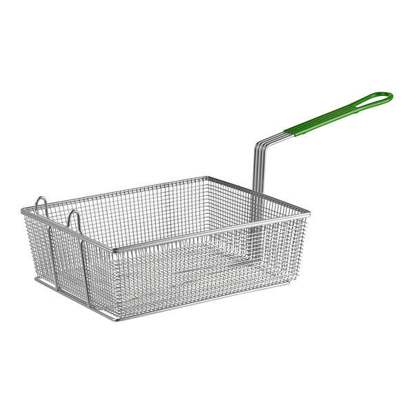 A Frymaster full size wire fryer basket with a green handle.