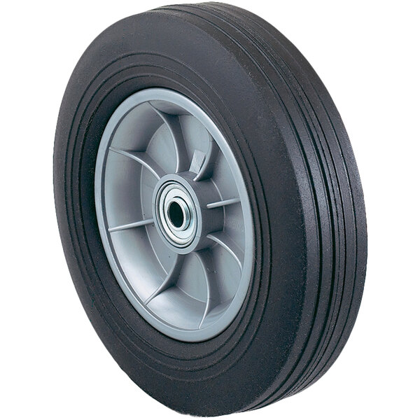 A black wheel with a gray rubber rim.