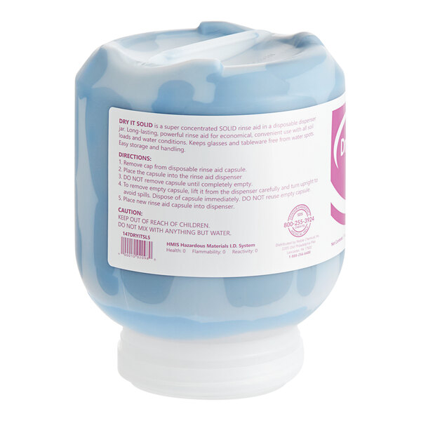 A plastic container of Noble Chemical Dry It Concentrated Solid Rinse Aid with a white label and lid.