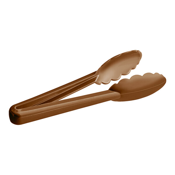 A brown Mercer Culinary high temperature plastic tongs.