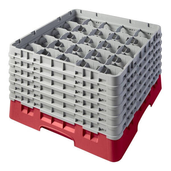 A red and gray plastic Cambro glass rack with extenders on top.