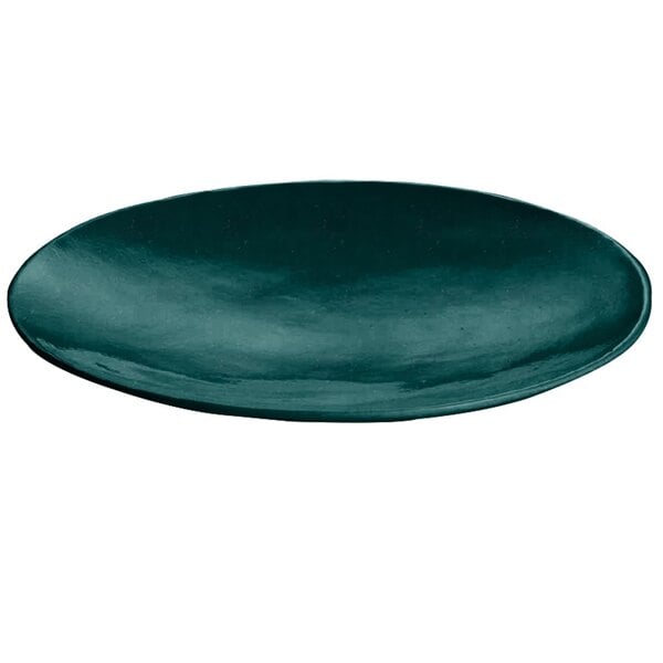 A hunter green cast aluminum flared platter with a rim.