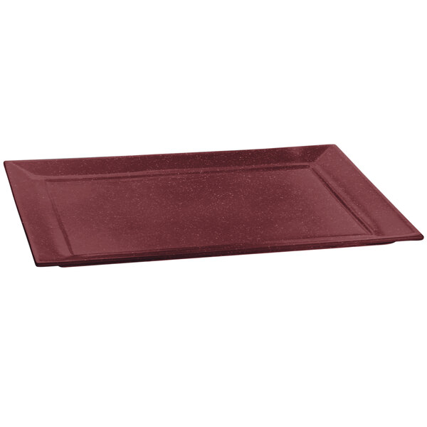 A maroon rectangular cast aluminum serving tray.