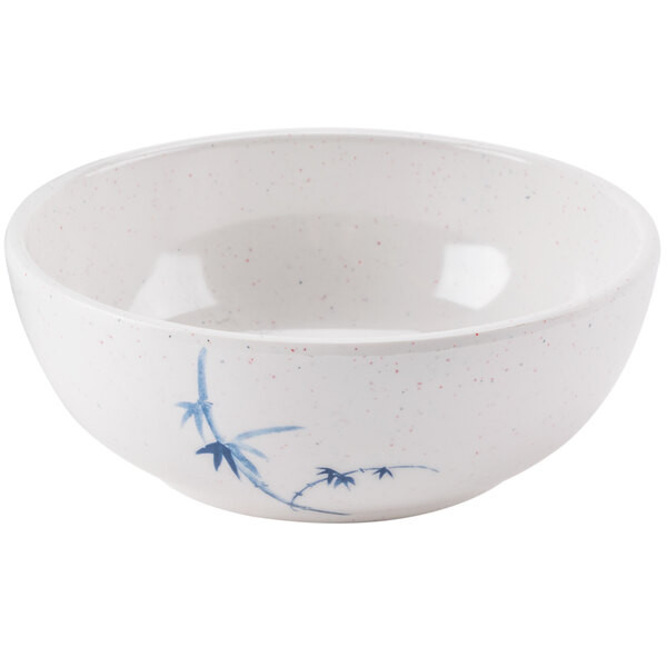 A white melamine bowl with blue bamboo design.