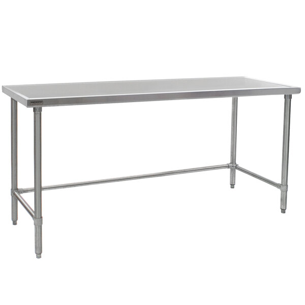 A stainless steel Eagle Group work table with an open base.