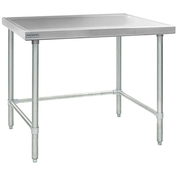 A Eagle Group stainless steel work table with metal legs and an open base.