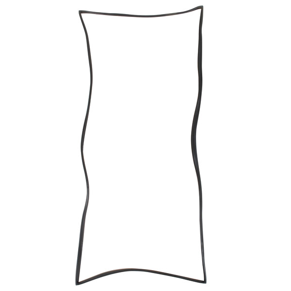 A black rectangular object with a curved edge and a white background.