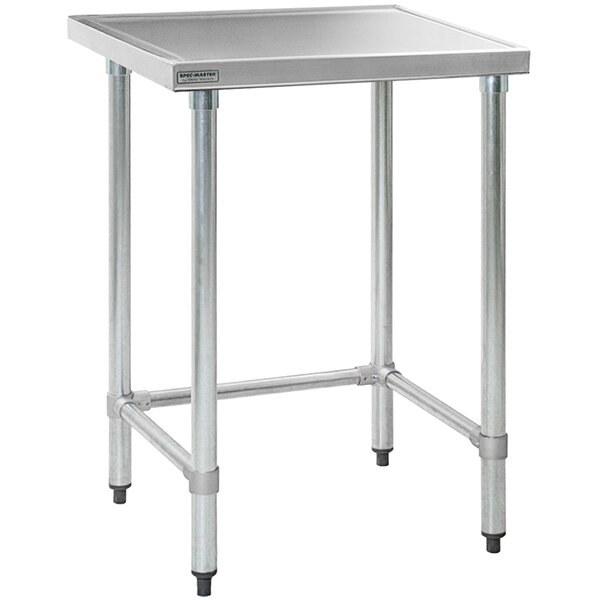 A stainless steel Eagle Group work table with a metal base.