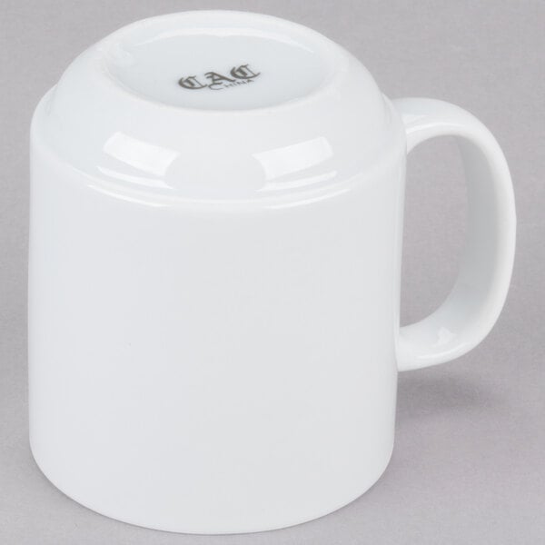A CAC bright white Venice stacking mug with a handle.