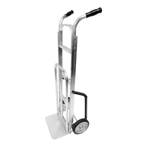 A close-up of a Harper aluminum hand truck with wheels and dual handles.
