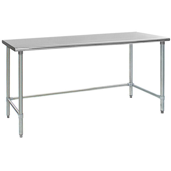 An Eagle Group stainless steel work table with an open base and metal legs.