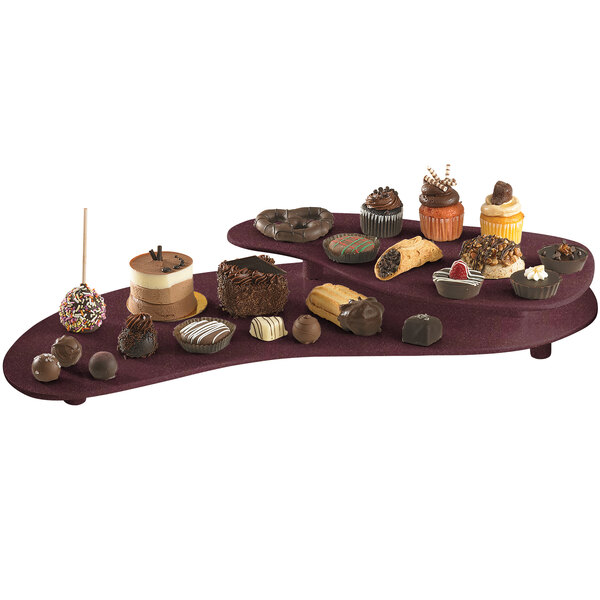 A Tablecraft maroon speckle cast aluminum two tiered platter with a variety of chocolate desserts on display.