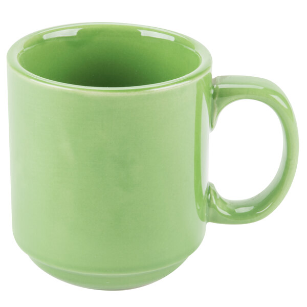 A close-up of a green CAC Venice stacking mug with a handle.