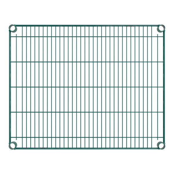 A rectangular green wire shelf with a grid pattern and round openings at each corner, measuring 24 by 30 inches.
