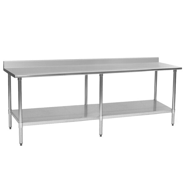 A stainless steel Eagle Group work table with undershelf and backsplash.