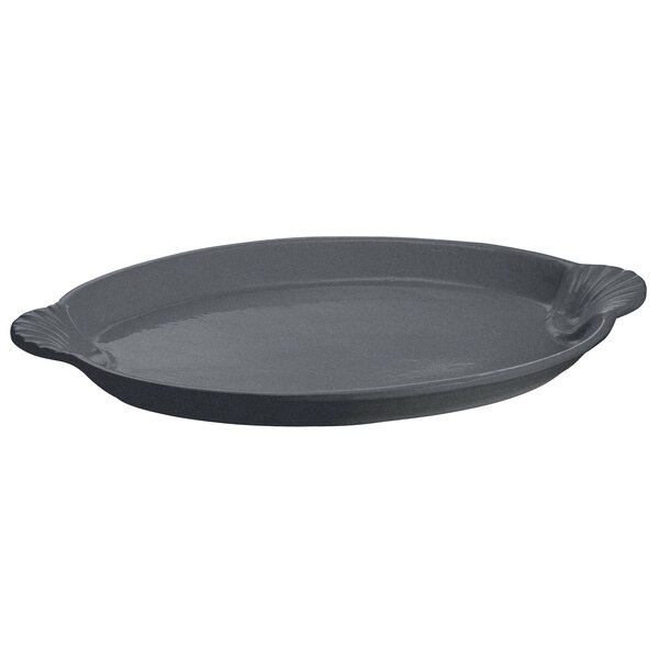 A gray oval Tablecraft granite cast aluminum shell platter with handles.