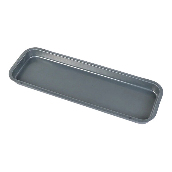 A rectangular, shallow, metallic tray with rounded corners and raised edges.