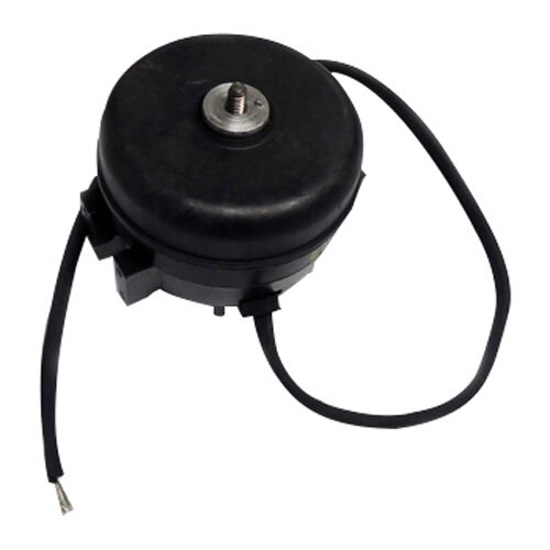 A close-up of a black round electric motor with a wire attached.