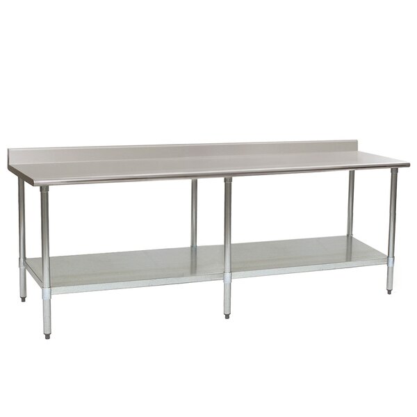 A stainless steel Eagle Group work table with undershelf and backsplash.