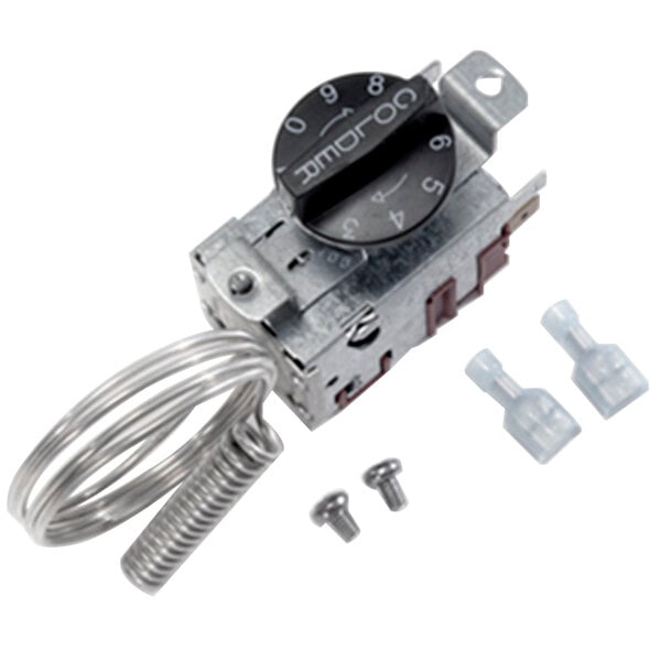 A close-up of a True temperature controller with a metal coil and plastic connectors.