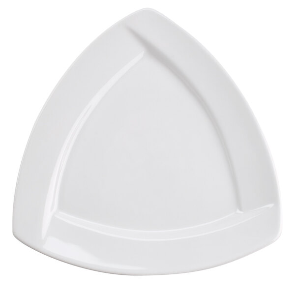 A white Tuxton triangle-shaped china plate with a white rim.