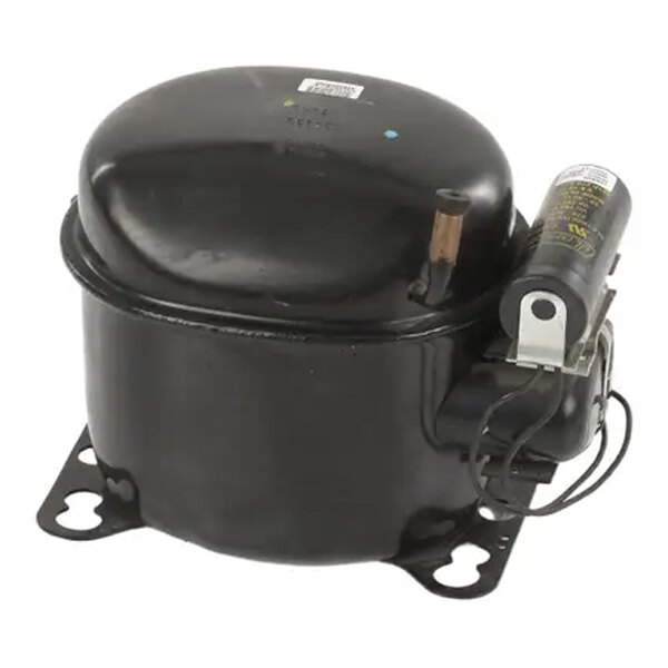 A black, cylindrical mechanical component with attached wiring and a capacitor, mounted on a metal base with four holes.