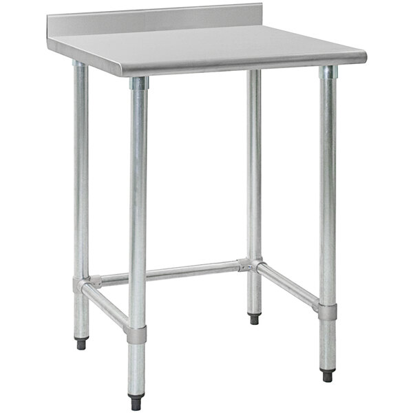 An Eagle Group stainless steel work table with an open base and metal legs.