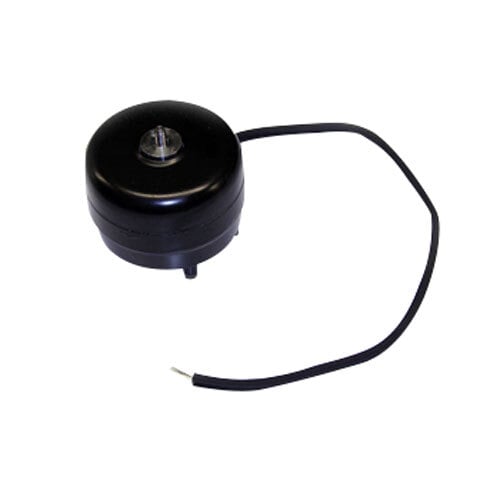 A black round electric motor with a wire.