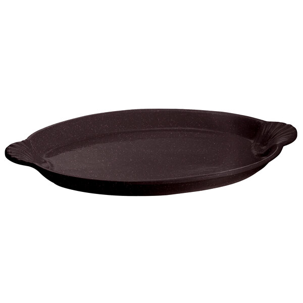 A black oval Tablecraft cast aluminum platter with a handle.