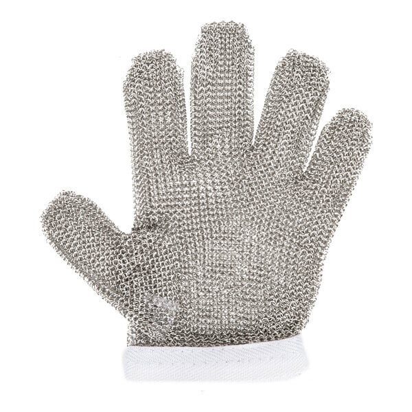 A small metal mesh glove with white trim.