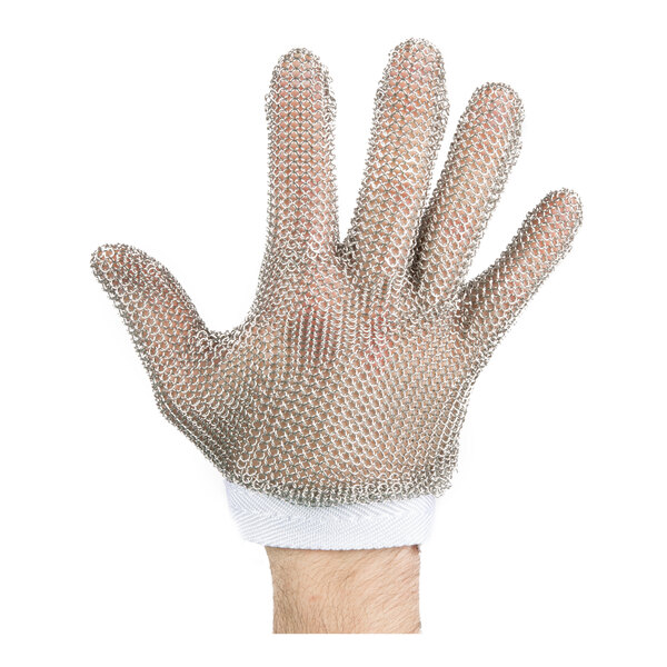 A hand wearing a Victorinox white cut resistant mesh glove.