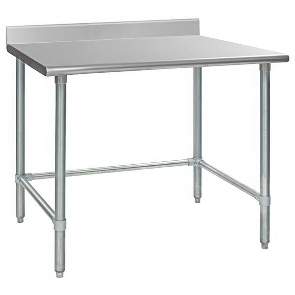 A stainless steel Eagle Group work table with backsplash and open base.