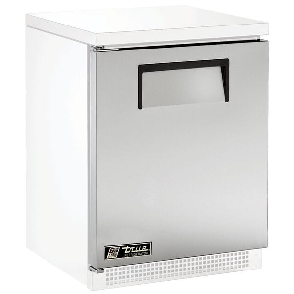 The left hinged stainless steel door assembly for a refrigeration unit with a recessed slot for a lock.