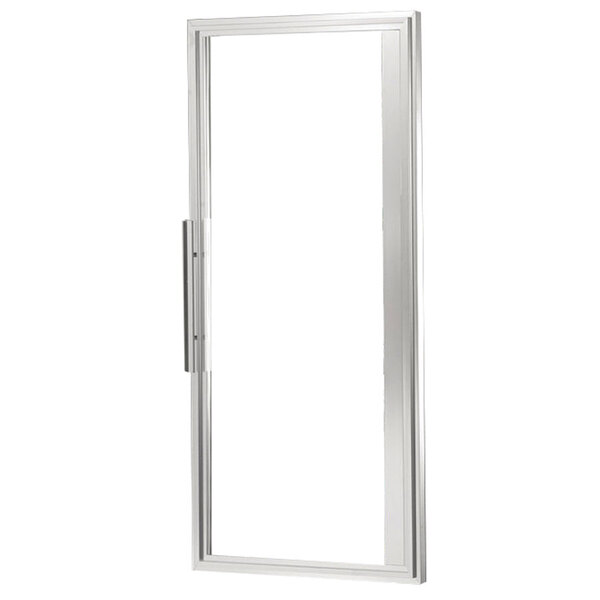 A white rectangular frame with a glass door panel and stainless steel trim.