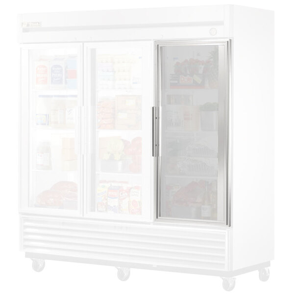A True glass door assembly with a stainless steel frame for refrigeration equipment.