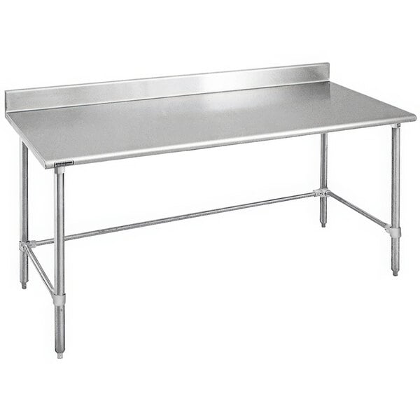 A stainless steel Eagle Group work table with an open base and a backsplash.