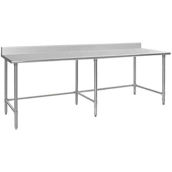 A long rectangular Eagle Group stainless steel work table with an open base.