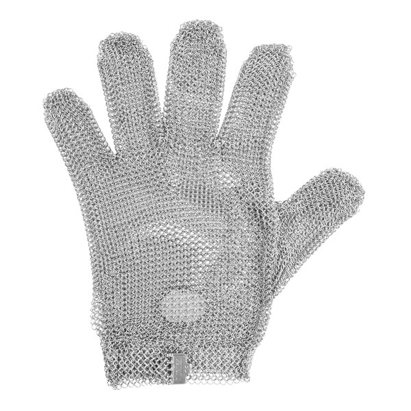 A close-up of a Victorinox stainless steel mesh glove.