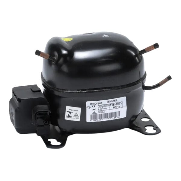 A black, dome-shaped mechanical component with three copper tubes and a label, mounted on a metal base with two bolt holes.