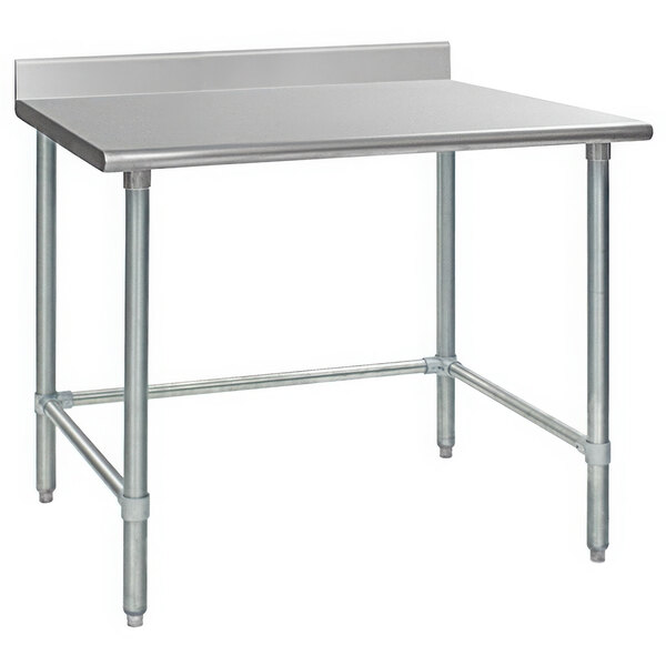 A white rectangular Eagle Group stainless steel work table with a backsplash and open base.