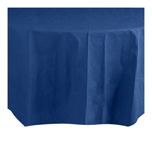 A navy blue table cover with a white surface and border.